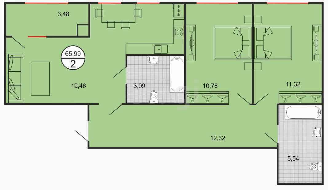 2-комн. квартира, 65.99 м²