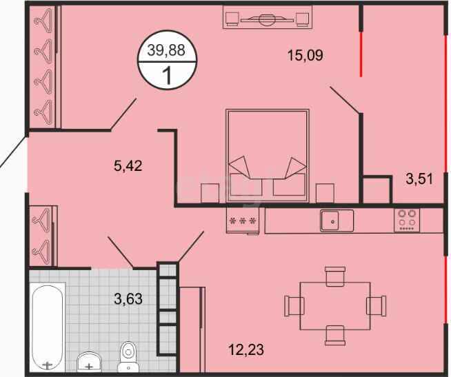 1-комн. квартира, 39.88 м²
