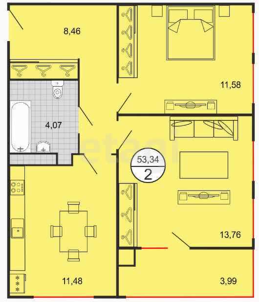 2-комн. квартира, 53.34 м²