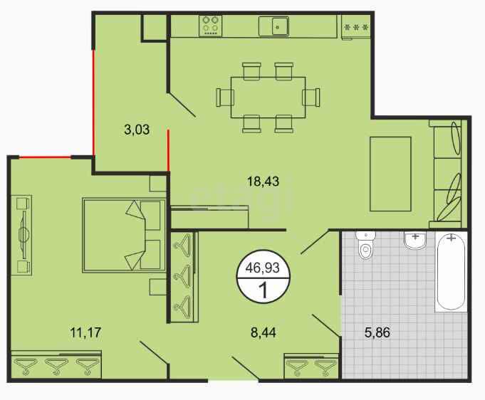1-комн. квартира, 46.93 м²