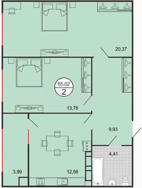 2-комн. квартира, 65.02 м²