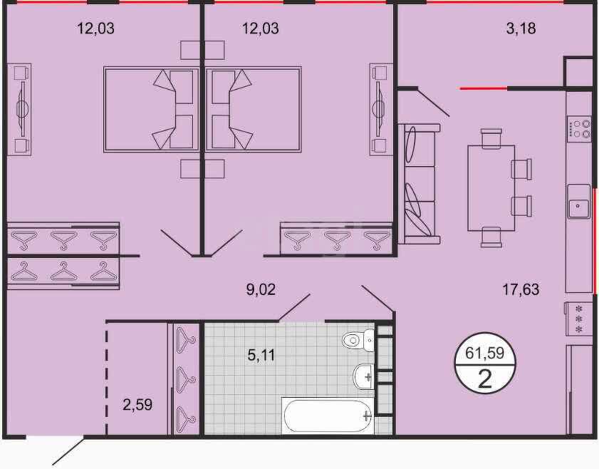 2-комн. квартира, 61.59 м²