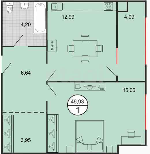 1-комн. квартира, 46.93 м²