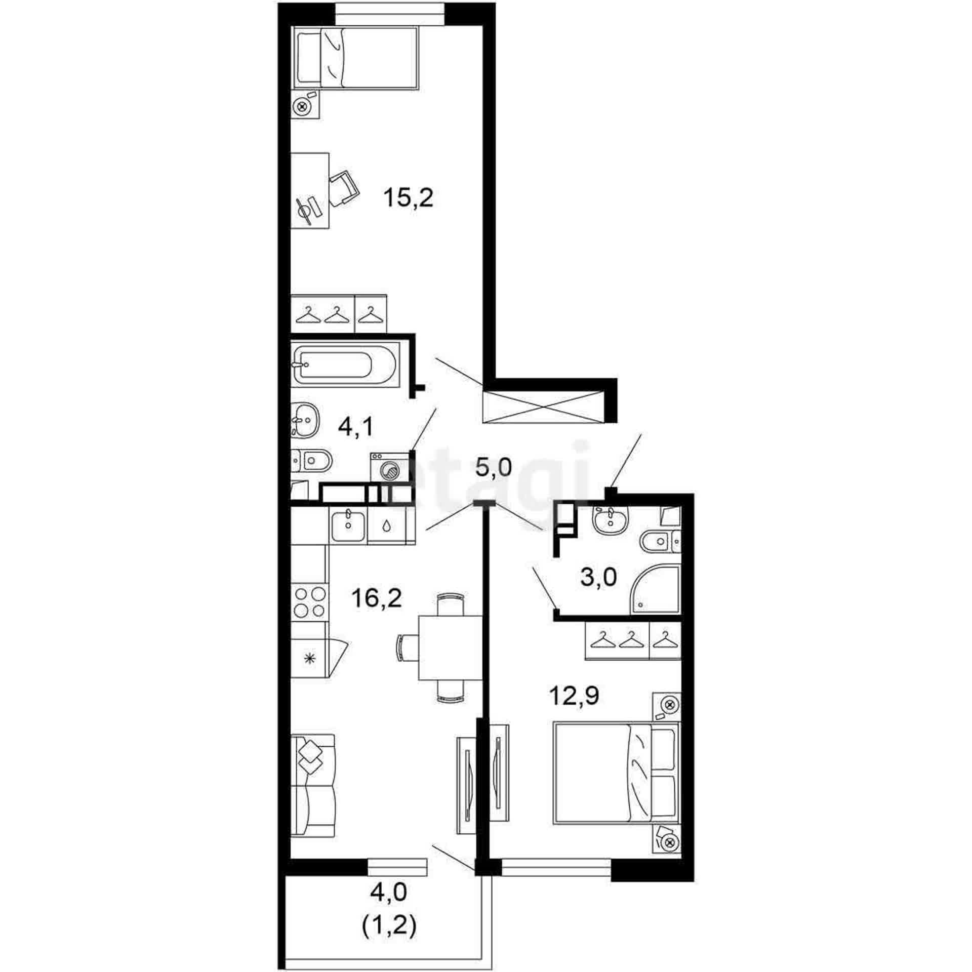 2-комн. квартира, 57 м²
