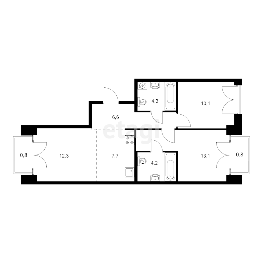 2-комн. квартира, 59.9м²