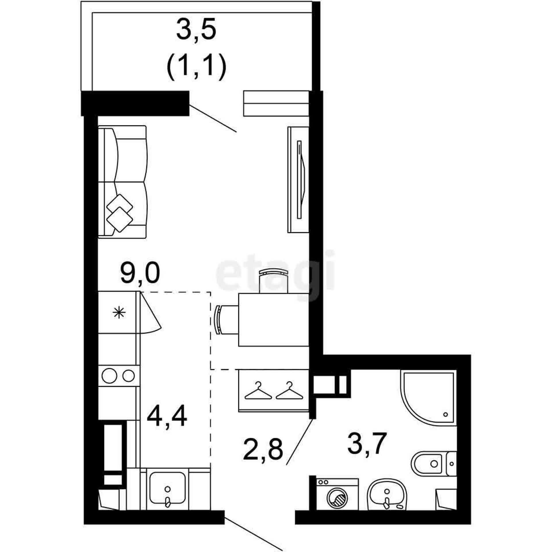 1-комн. квартира, 21 м²