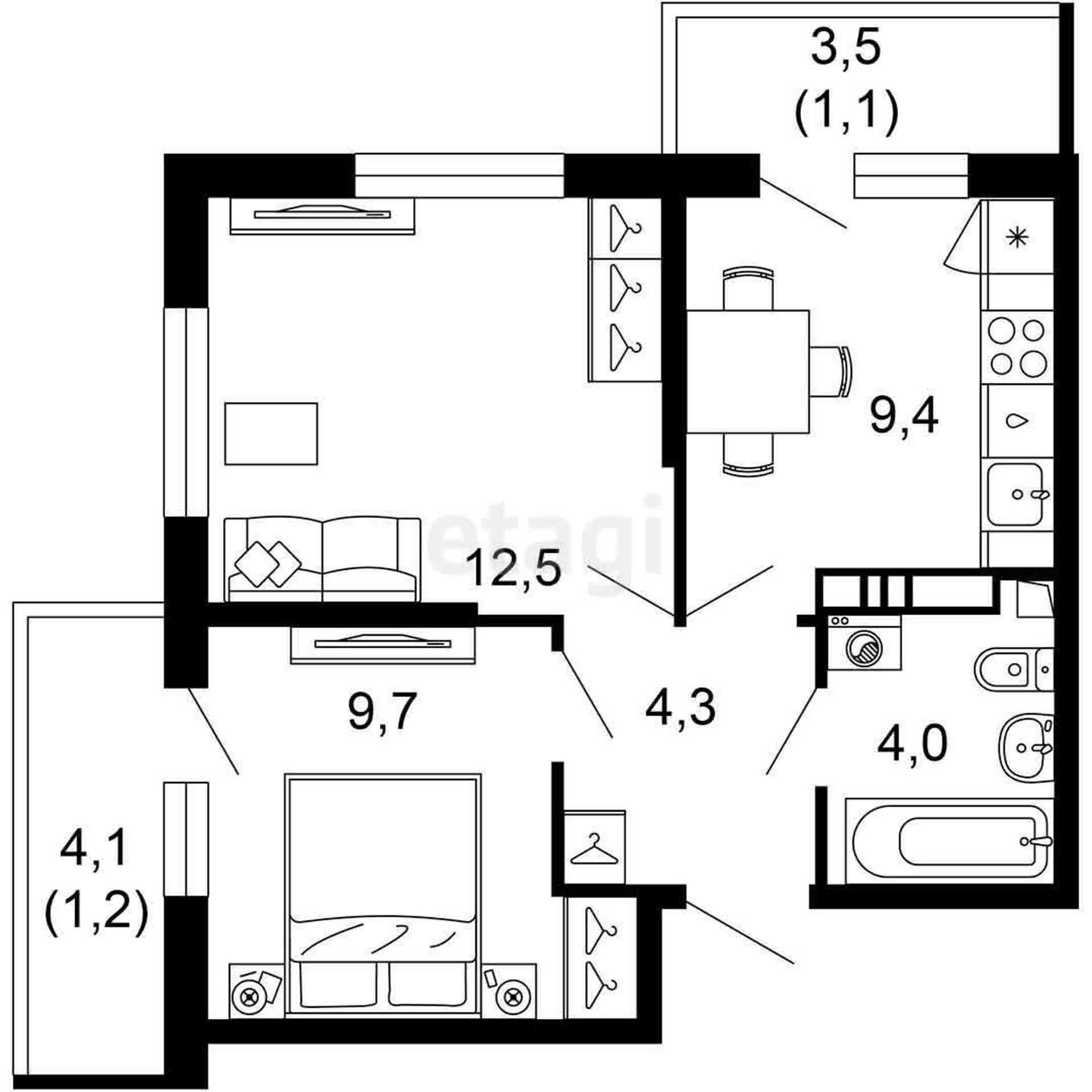 2-комн. квартира, 42 м²