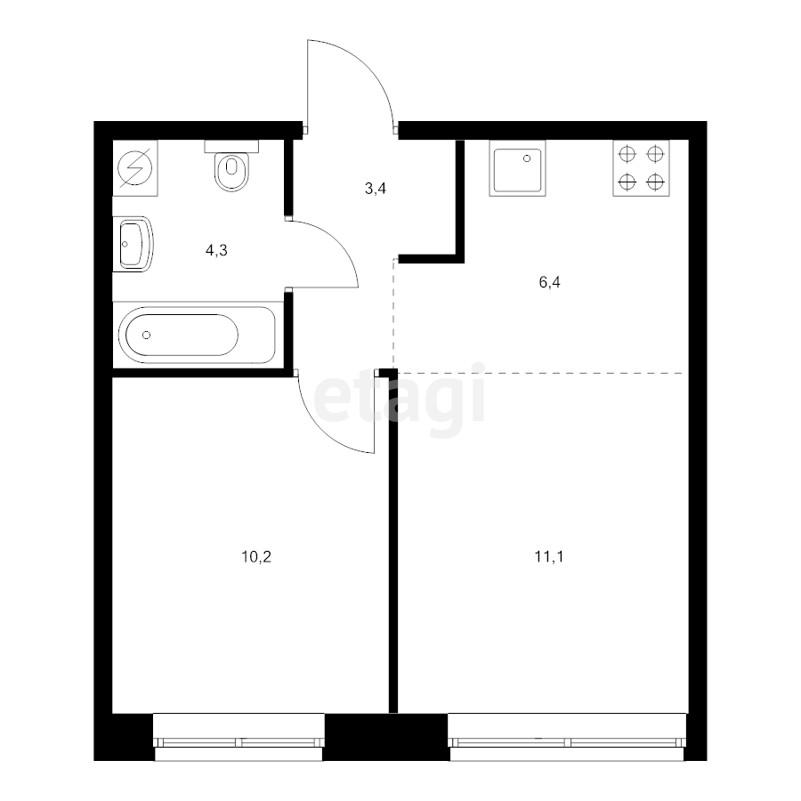 1-комн. квартира, 35.4м²