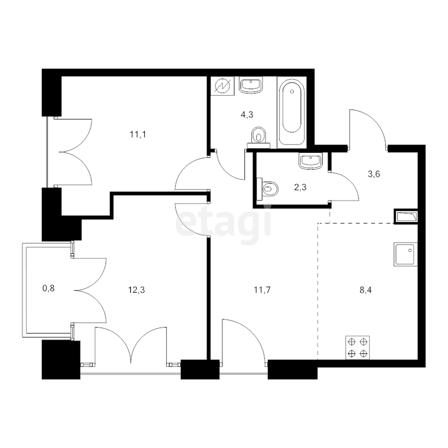 2-комн. квартира, 54.5м²